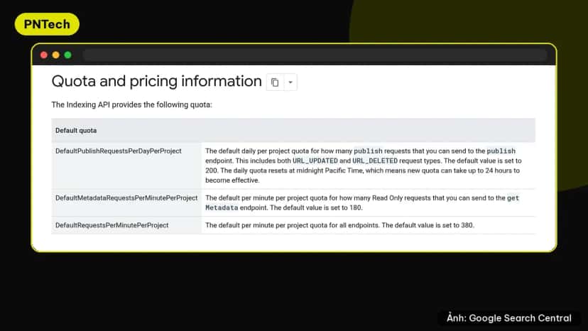 Trang Quota and pricing information của Indexing API hiện ghi hạn mức mặc định 200 yêu cầu publish mỗi ngày cho mỗi project