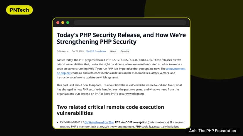 Bài thông báo của The PHP Foundation về bản vá bảo mật PHP 8.5.12, 8.4.27, 8.3.36 và 8.2.35 ngày 21/10/2026