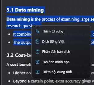 PN Note — menu AI trên đoạn chọn trong bài học