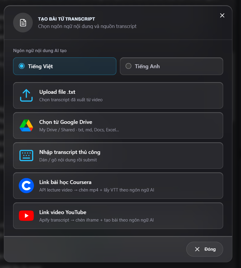Dialog tạo bài từ transcript với option Chọn từ Google Drive