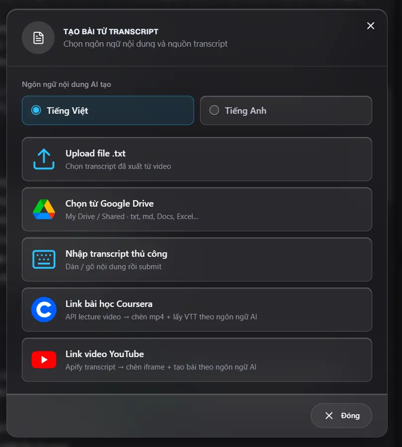 Dialog tạo bài từ transcript với option Chọn từ Google Drive